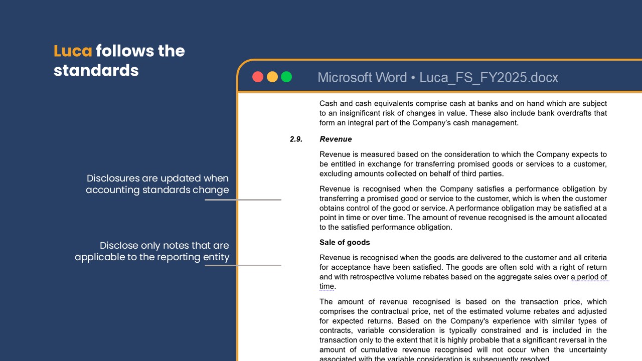 Luca follows the latest accounting standards with auto-updated disclosure notes
