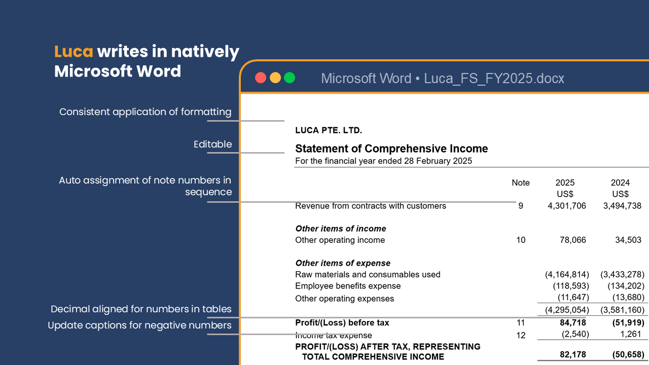 Luca generates natively formatted Microsoft Word financial statements with consistent formatting and decimal alignment