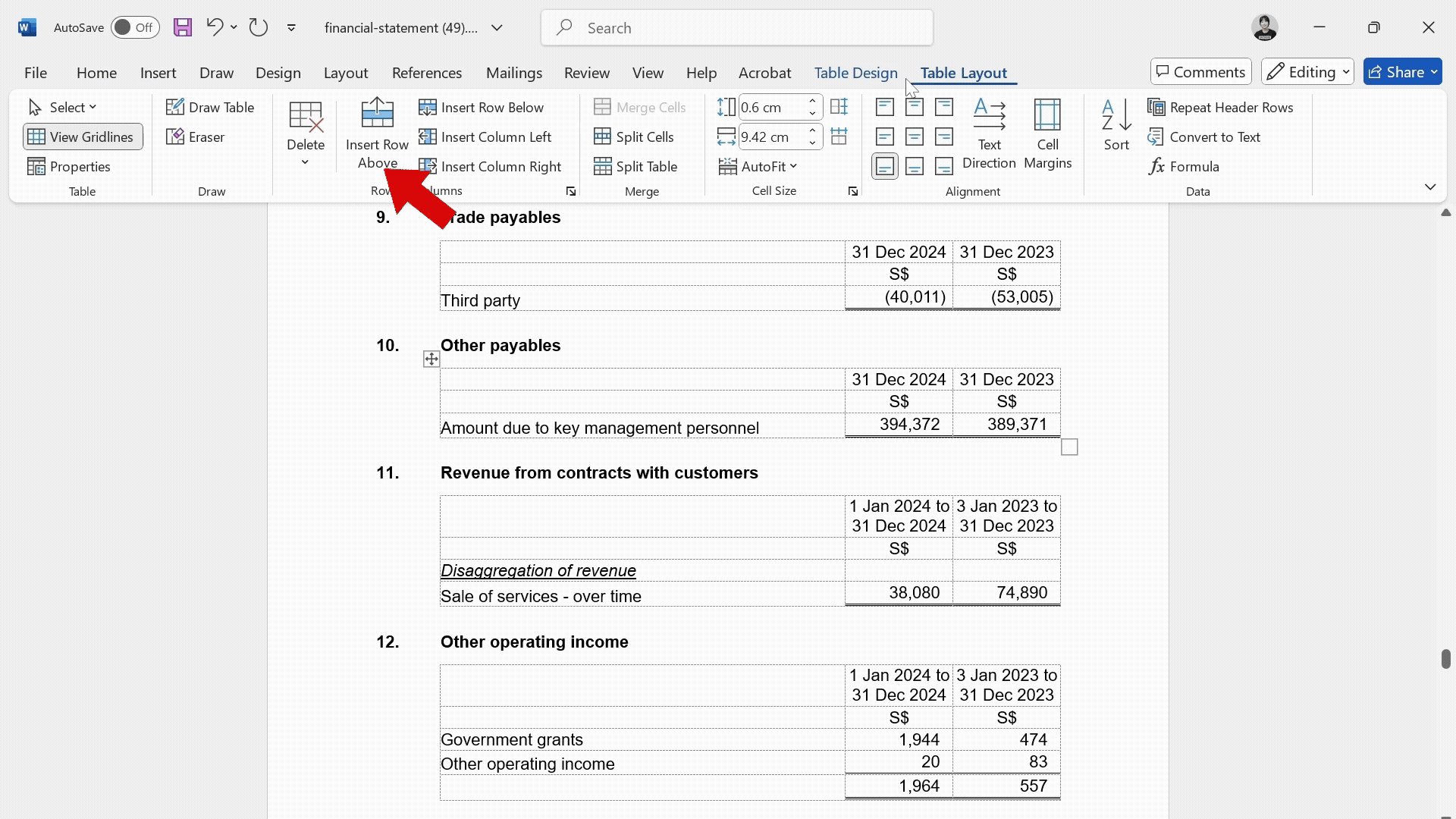 Editing generated financial statements